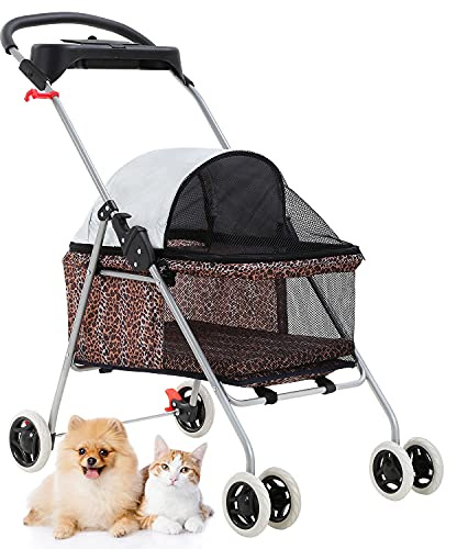 HGS Pet Cat Dog Stroller 4 Wheels Jogger Puppy Travel Carrier Portable Doggie Cage Strolling Cart with Cup Holders, 35Lbs Capacity Folding Waterproof for Medium Dogs Cats Pet, Leopard Skin