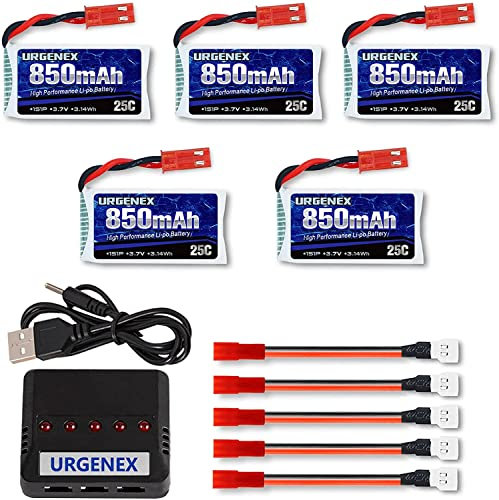URGENEX 3.7V Lipo Battery 850mah Rechargeable Lipo with JST Plug X5 Charger for MJX Syma Holy Stone Sky Viper RC Quadcopter Drone X56W X400 X400W X300C X400C X800 HS110 HS200 S670 V950hd S1750 V2450