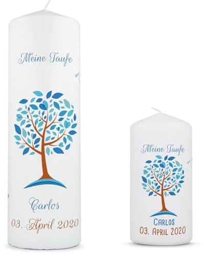 GRAVURZEILE Candela per battesimo con albero della vita, candela con nome, data e battesimo, di alta qualità, 250/80 mm, stampa brillante, regalo di battesimo personalizzato per ragazze e ragazzi, blu