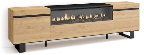 Skraut Home | TV-Schrank, Lowboard | für Wohnzimmer und Esszimmer | 200x57x35cm | Für TV-Geräte bis zu 80 | Elektrokamin. Maße | Industriedesign | Moderner Stil | Eiche Schwarz
