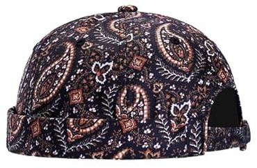 Mens Docker Cap Adults Brimless Hats Rolled Cuff Worker Skullcap Beanie Adjustable Retro Summer Cap Hat (Black Paisley One Size)