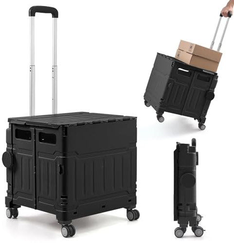 The Fellie Trolley Box Cart with One-piece Lid, 75L & 50KG Load Capacity Folding Shopping Cart Trolley, Boot Cart with 4 Wheels & Telescopic Handle for Shopping Camping Picnic Office Laundry(Black)