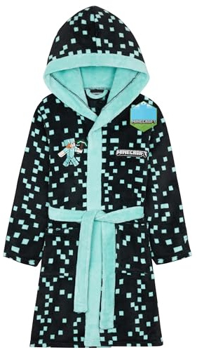 Minecraft Robe de Chambre Polaire Garçon et Ado Creeper Peignoir Enfant à Capuche avec Poches et Ceinture Cadeau Gamer (13-14 Ans, Teal)