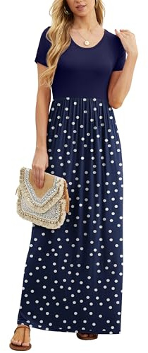 GRECERELLE Womens Maxi Dress Summer Casual Ladies Short Sleeve Crew Neck Long Dresses with Pocket for Daily, Holiday, Travel, Maternity (Polka Dots White Navy, XL)