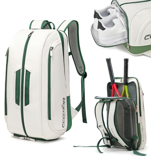 CCGTIOR Multi-Use Beach Tennis Bag For Sport Convertible Padel Backpack - Laptop Sleeve, Ball Sleeve, Fence Hook, Easy Access,Shoe Compartment (White)