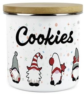 Purely Home Christmas Gonks Cookies Storage Canister - Festive Xmas Gnome Character Biscuits Cookie Jar - White Metal Enamel Food Storage Container Pot Present