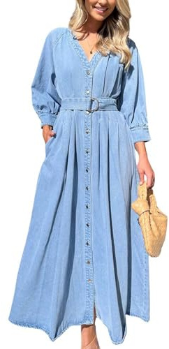 chouyatou Women's Boho V-Neck Button Down Swing Maxi Denim Dress 3/4 Sleeve Casual Belted Long Jean Dresses (Large, Blue)