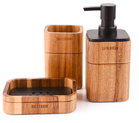 Badezimmerset 3-teiliges Badzubehör-Set aus Akazienholz mit Seifenspender, Badezimmerbecher, Seifenschale, Zubehör für Badezimmerdekoration