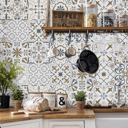 Stick on Tiles 20x20 cm Mustard Yellow Blue Tile Stickers for Kitchen Bathroom Cupboard Decoration PVC Waterproof Oil Proof Peel and Stick Self Adhesive Wall Tiles 24 Pcs