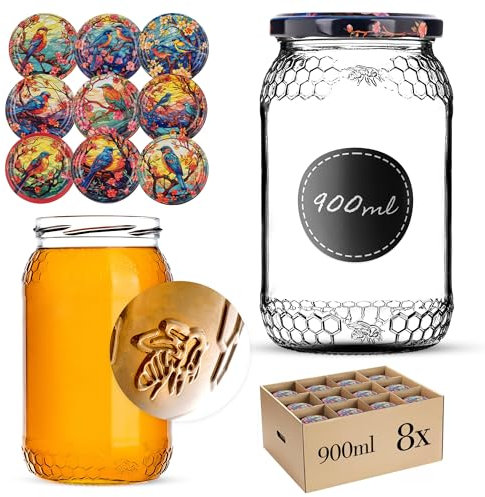 KADAX Lot de 8 bocaux à miel de 1260 g (900 ml) avec couvercle de 82 mm de diamètre - Pour aliments, miel, confiture, fruits, provision, miel d'apiculteur (oiseaux, 8 pièces)