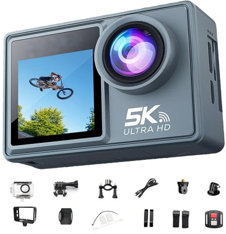 Arlira Action Camera 5K Ultra HD, WiFi, Doppio Schermo, Stabilizzazione Anti-Shake, Grandangolo 170°, Impermeabile, Sport all’Aperto, Ciclismo, Moto (5K+anti-shake+touch screen+telecomando+microfono)