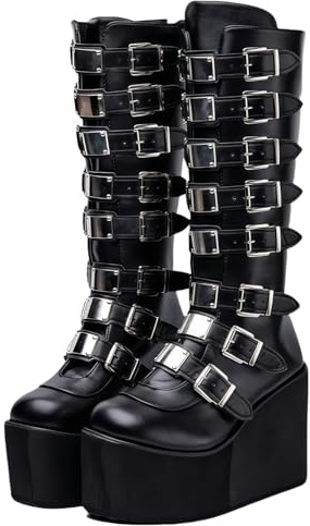 FQLGJMY Mujeres rodilla alta cuña plataforma botas con tacón alto grueso encaje y cremallera Punk gótico medio ternera botas de combate moto botas con hebillas de metal para otoño invierno