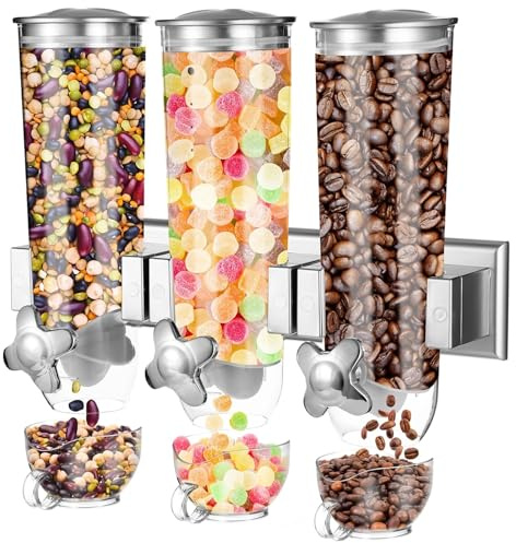 Dispensador de cereales y aperitivos de montaje en pared con perillas, 3 compartimentos extraíbles, gran capacidad para almacenamiento de alimentos, organizador de granos de café y frutos secos