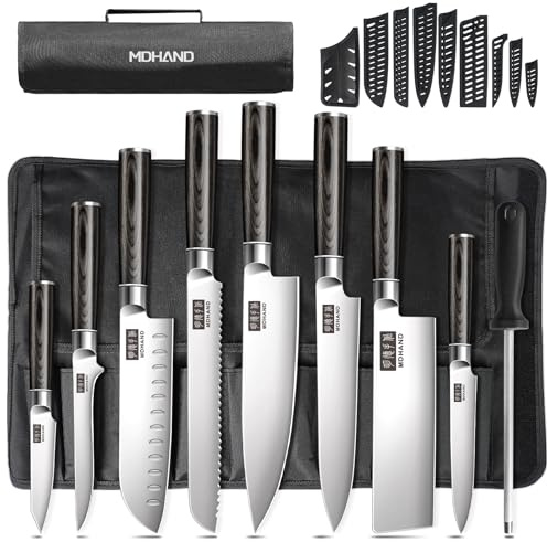 MDHAND Chef Knife Set with Roll Bag, 9PCS Professional Knife Sets with Sharpener, High Carbon Stainless Steel Japanese Kitchen Knives - Black Pakkawood Handle, Dishwasher Safe, For Cooking, Chef Gifts