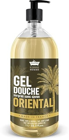 Gel de ducha para hombre, 1 L, oriental, diseño familiar | Sobregrasado sin jabón | Cara corporal para cabello | Made in France Provence | Probado Dermatológicamente