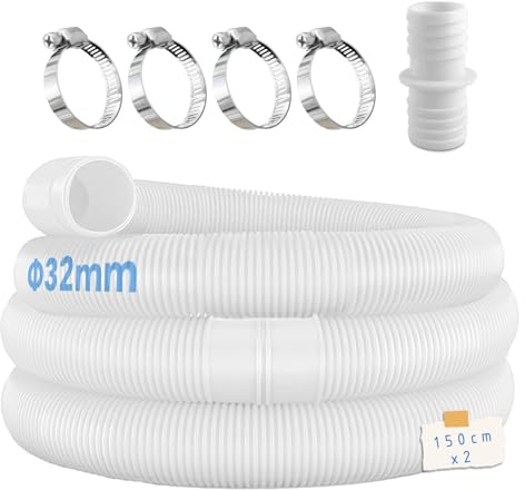 Lot de 2 tuyaux de piscine de 32 mm pour pompes de piscine avec 4 clips de sécurité et 1 raccord de tuyau, idéal pour les pompes de filtre, les nettoyeurs de piscine, les chauffages de piscine et les