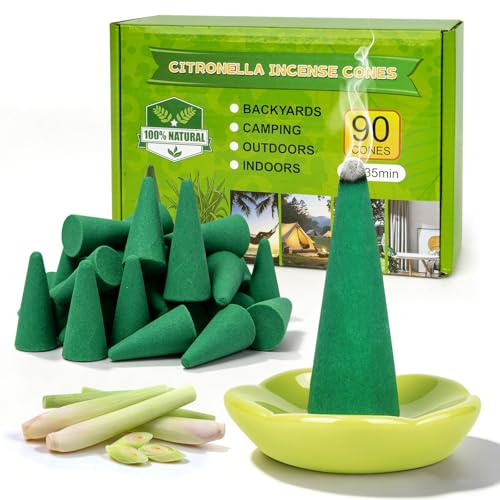 Coni d’Incenso Citronella 90 Pezzi con 2 Supporti, Incenso Naturale all’Olio Essenziale di Citronella, Lunga Durata per Giardino, Terrazza, Balcone, Campeggio e Barbecue
