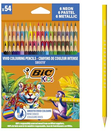 Matite per colorare BIC Kids Smooth realizzate al 100% con legno proveniente da fonti responsabili - Colori standard, metallizzati, pastello e fluo assortiti, Confezione da 54