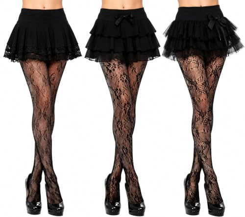YUNSHU 3PCS Patterned Tights with Anti-Skid Silicone for Women Casual Wear | Lace Fishnet Tights with Rose Floral Vine Butterfly Pattern, Fashion Black Lace Pantyhose Stylish Party Daily Stockings