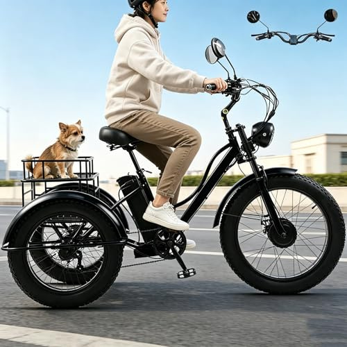 GCLCPAEN Tricycle Électrique 24 Pouces,Tricycle De Croisière pour Adultes,Montée Facile,Pneus Tout-Terrain,Capacité De Charge De 200Kg, avec Rétroviseur Et Phares,Convient Aux Seniors/Aux Adultes