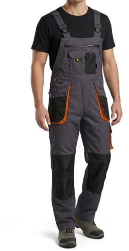 Stenso Kastor Arbeitshosen Männer Latzhose Herren Arbeitshose - Arbeitslatzhose Herren mit Elastischer Bund, Knieverstärkung, Latztasche, Verstellbare Träger, Handytasche Grau/Orange EU64