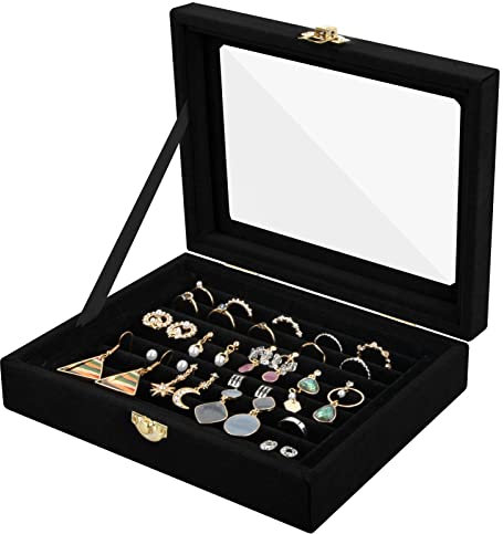 Scatola ​Portagioie per Donna, Cofanetto Gioielli, Velluto Portagioielli Jewelry Box, Vassoio ​di Organizzatori Valigetta per Gioielli con Coperchio Vetro per Orecchini Anelli Regalo (15x20cm, Nero)