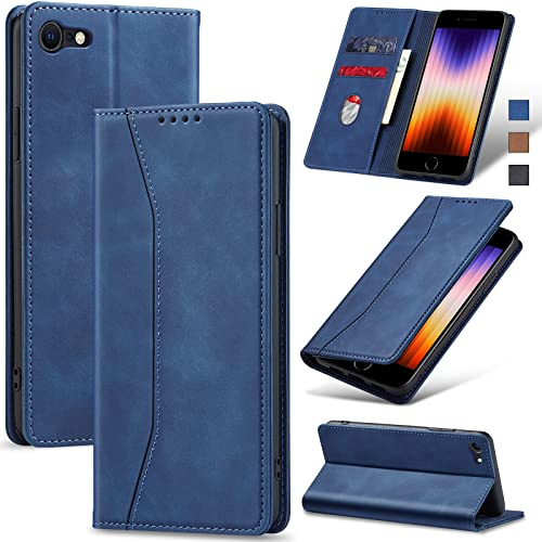 Jasonyu Skal för iPhone SE 2022/SE 2020/8/7, Wallet PU Läder Fodral, Blå | Flippfodral, Magnetisk,Vikbart Skyddande,Stativfunktion,Kortfack, Stötsäker TPU