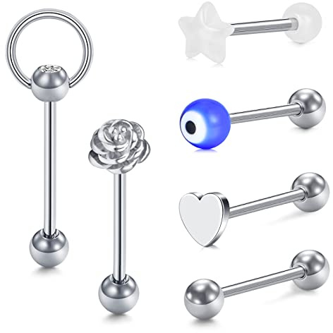 VCMART 5pcs 14Gauge Tongue Bars Piercing Ring Set 16mm Surgical Steel Flexible 5 Styles