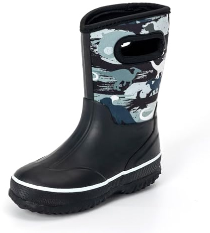 FUNCOO PLUS Kids Neoprene Rubber Wellies for Boys Girls, Dinosaur Mud Wellies Booties Thermal Wellington Wellies Rain Snow Boot, Soft Lined for Outdoors, Walking, Files, School Size 12 UK Child