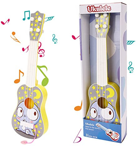 Gukasxi Gitarre für Kinder 41 cm Mini Ukulele Spielzeug Mit 4 Stimmbare Saiten und Plektren, Musikalisches Lernspielzeug für Jungen (Bunt Dinosaurier)