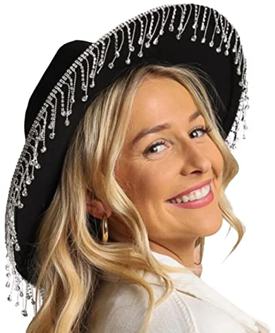 Achlibe Chapeau de cowboy à paillettes pour femme - Large bord - Strass - Grande casquette de cowgirl pour soirée en boîte de nuit, Bord plat noir, taille unique