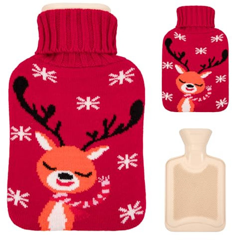Bouillotte 800ML Bouteille Caoutchouc avec Housse Tricotée Motif de Cerf et Flocon de Neige pour Réchauffer Mains, Pieds, Soulager les Douleurs du Cou et des Épaules (Rouge)