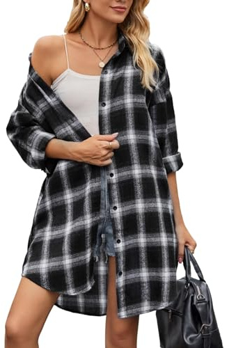 Jhsnjnr Women's Plaid Long Sleeve Blouse Tops Button Down Oversized Long Checked Flannel Shirts