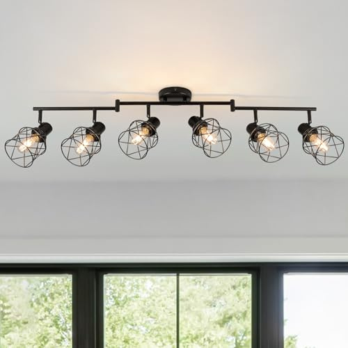 WILON Track Lighting Kit 6 Way Ceiling Spotlight-Industrial Flush Mount Ceiling Light Black Kitchen Ceiling Light Fixtures Kitchen Track Lighting Flexibly Rotatable Light Head E26 Base