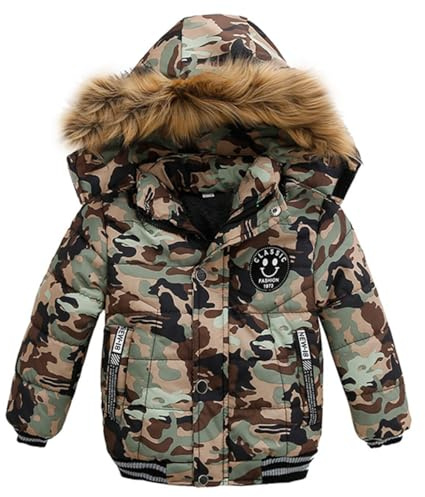 linboo pojkar vinterjacka utomhus kappa parkas med pälshuva quiltad jacka bomull barnjacka varm vinterrock fodrad vinter huvjacka, Kamouflage, 128