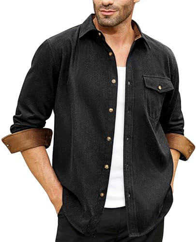 DEMEANOR Flannel Shirts Men Long Sleeve Regular Fit Smart Casual Work Shirts for Men Black