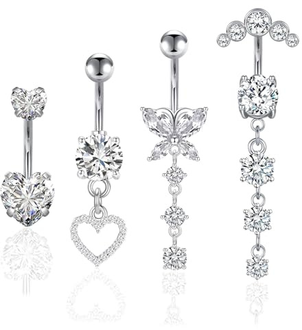 GWAWG 4 st 316L rostfritt stål 316L kirurgisk stålpiercing hjärta fjäril genomskinlig diamant smycken piercing lång barbell set för kvinnor, Misura unica, Rostfritt stål, Ingen ädelsten