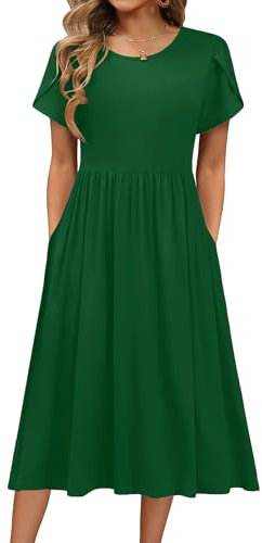 HOTOUCH Women's Elegant Tunic Round Neck Casual Dress - Short Sleeve Puff A Line Classic Midi with Pockets S-XXL