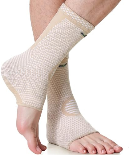 NEOtech Care - fascia di supporto per caviglia - Tessuto a maglia in fibra di bambù - Elastico e traspirante - Media compressione - Sport - Piede destro o sinistro, uomo, donna (Beige, M, 1 Paio)