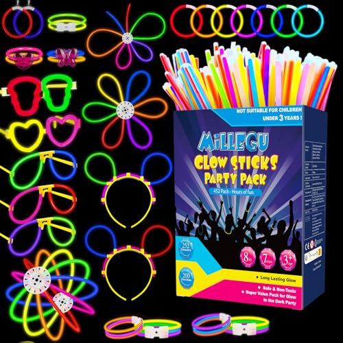 Millegu Braccialetti Luminosi Fluorescenti 452 Fluo Party Kit, 200 Bambini Adulti Starlight Glow Sticks e 252 Connettori per Bracciali Occhiali Gadget per Comleanno Feste Carnevale Capodanno Pasqua