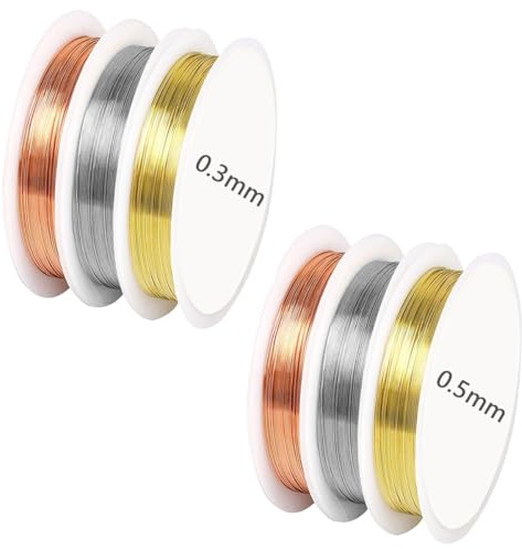 6 Rouleaux Fil Métallique pour Bijoux, 15 M/Rouleau X 0,3mm Et 5.5 M/Rouleau X 0,5mm Fil de Cuivre fer Souple, Fils de fer Souple Loisir Creatif, pour Perlage et Bijoux,Art Floral(Argent,Doré,Or Rose)