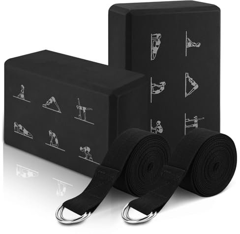 RETON Yoga Blöcke 2er Set mit Gurt, Leichter EVA-Schaum Brick Pilates Blöcke, High Density Yogablock, Anti-Rutsch-Yoga-Block zum Dehnen, Verbesserung der Kraft (Schwarz, Einheitsgröße)