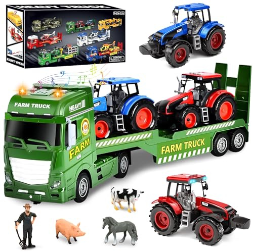 Joellfuner Tracteur Jouet Enfant, Remorque de Tracteur Amovible avec Sons, Lumières, Fermier et Animaux, Grand Camion Transporteur Voiture avec Hayon Rabattable, Cadeau pour Garçon Fille 3 4 5 6 Ans