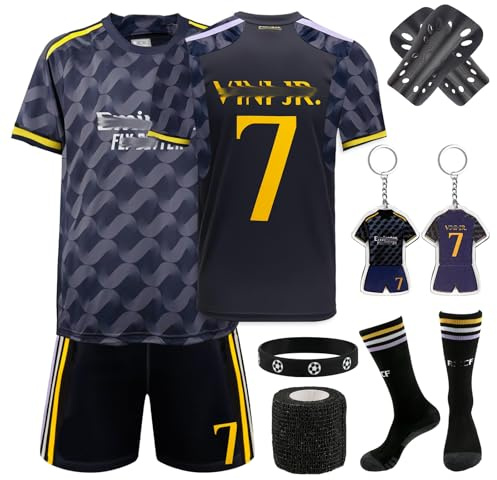 Kitimi Fußballtrikots für Kinder, No.7 Hause/Auswärts Fußball Trikot mit Beinhaltet Shorts Socken Schutz Schlüsselanhänger Armband und Verband, Fussball Set für Kinder Jungen Mädchen (Schwarz 26)
