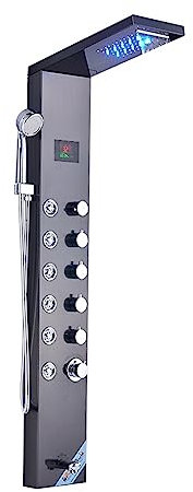 Duschset, Nylyxigt svart/borstat badrum duschkran， LED duschpanel ， Kolumn badkarsblandare med handdusch temperaturskärm(Black C)