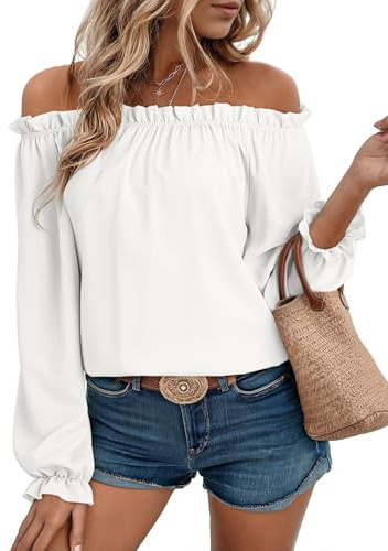 EVALESS Womens Fashion Fall Winter Clothes Cute Puff Sleeve Tops for Women 2026 Off Shoulder Blouses for Women Dressy Casual Long Sleeve Pleated T Shirts Work Outfits White Shirts, Small