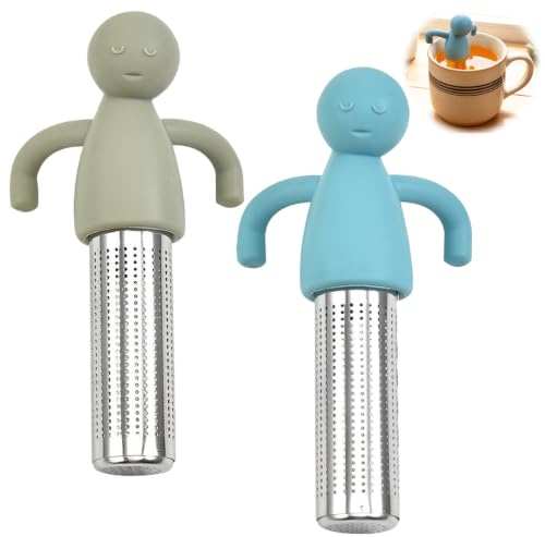2 stycken tesilar, tesil för lösa tepåsar, tefilter rostfritt stål, kreativ humanoid tebryggare med handtag, teägg för löst te för teälskare, vänner och familj (blå, ljusgrå)