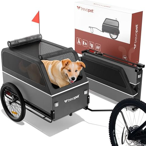 TrevoPet® Remorque Velo Chien XL – Chariot Pliable avec Rampe et Suspension – Carriole étanche Jusqu’à 45 kg – Compatible avec vélos électriques – Gris