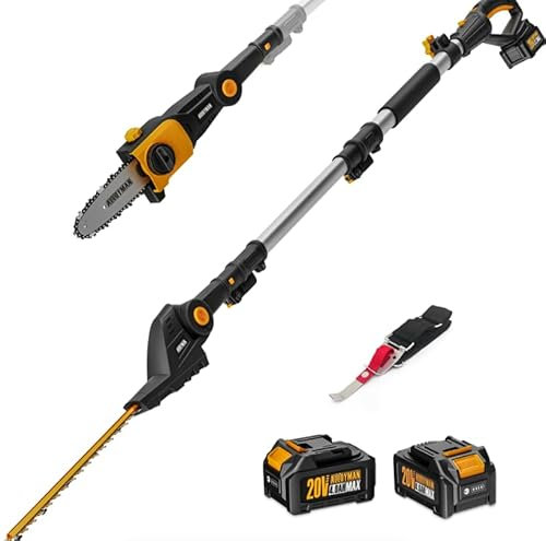 Alloyman 20 V Max 2 en 1 - Cortasetos telescópico con batería y podadora, con 2 baterías de 4,0 Ah y cargador, sierra telescópica de 2,4 metros y cortador de setos para arbustos y setos