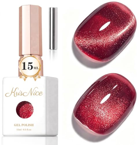 KRISNICE UV Nagellack Cat Eye 15 ML, Cherry Red Gellack mit Magnet, Cat Eye Uv Gel, Glitter Gelnagellack Soak Off Reflective Gel Magnetic Nail Polish für Frauen und Mädchen (Cherry Red-MY026)